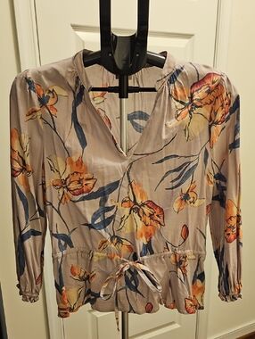 Floral Drawstring Peplum Blouse in Taupe with Pink & Navy Flowers